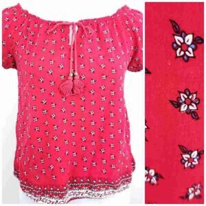 Forever 21 Peasant Blouse Front Tie Floral Red Blue Short Sleeve Summer Top Boho